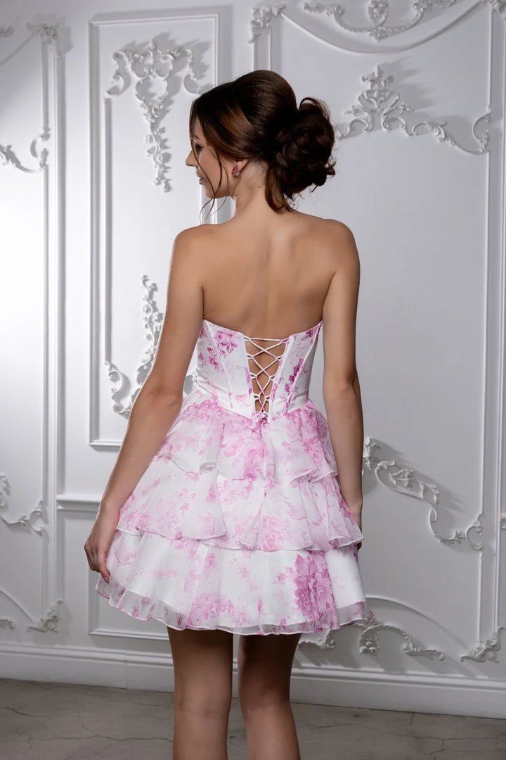 Floral Print Short Strapless Dress by May Queen MQ2215