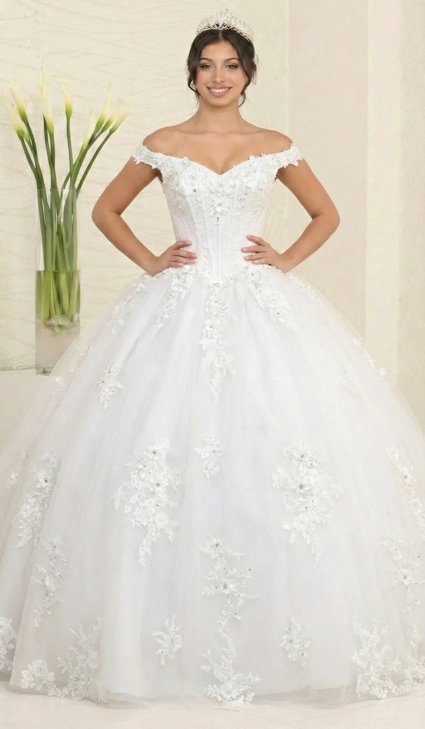 Applique Off Shoulder Ball Gown by May Queen LK260