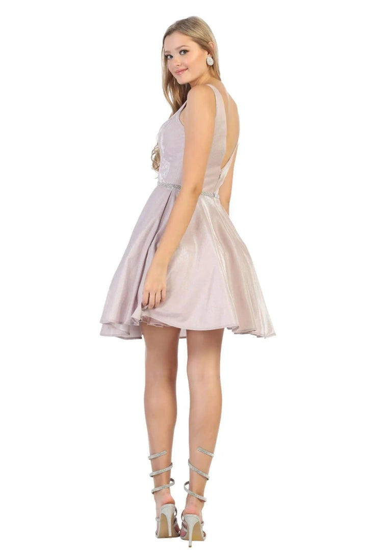 Glitter Short V-Neck A-line Dress by May Queen MQ1777