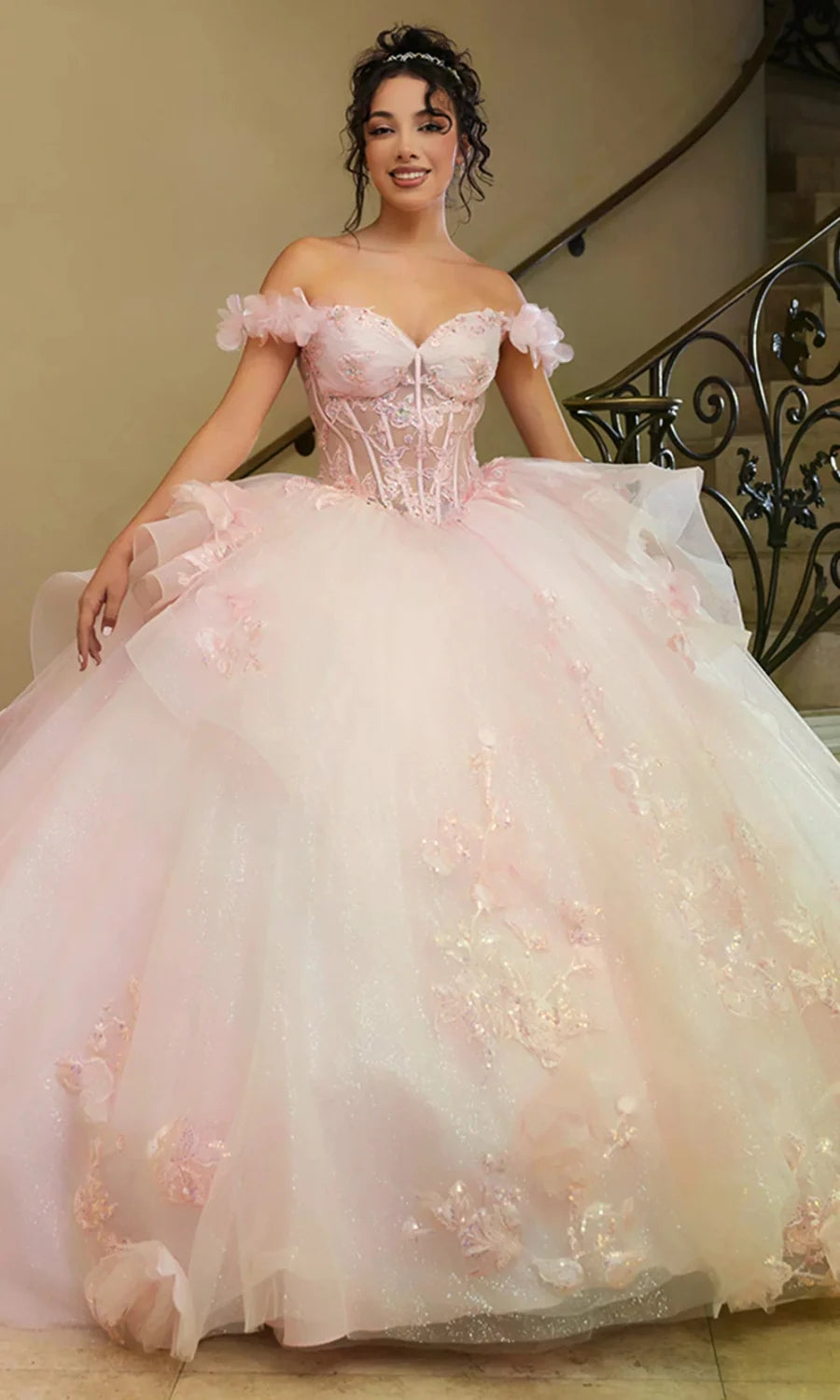 Applique Off Shoulder Ball Gown by May Queen LK270