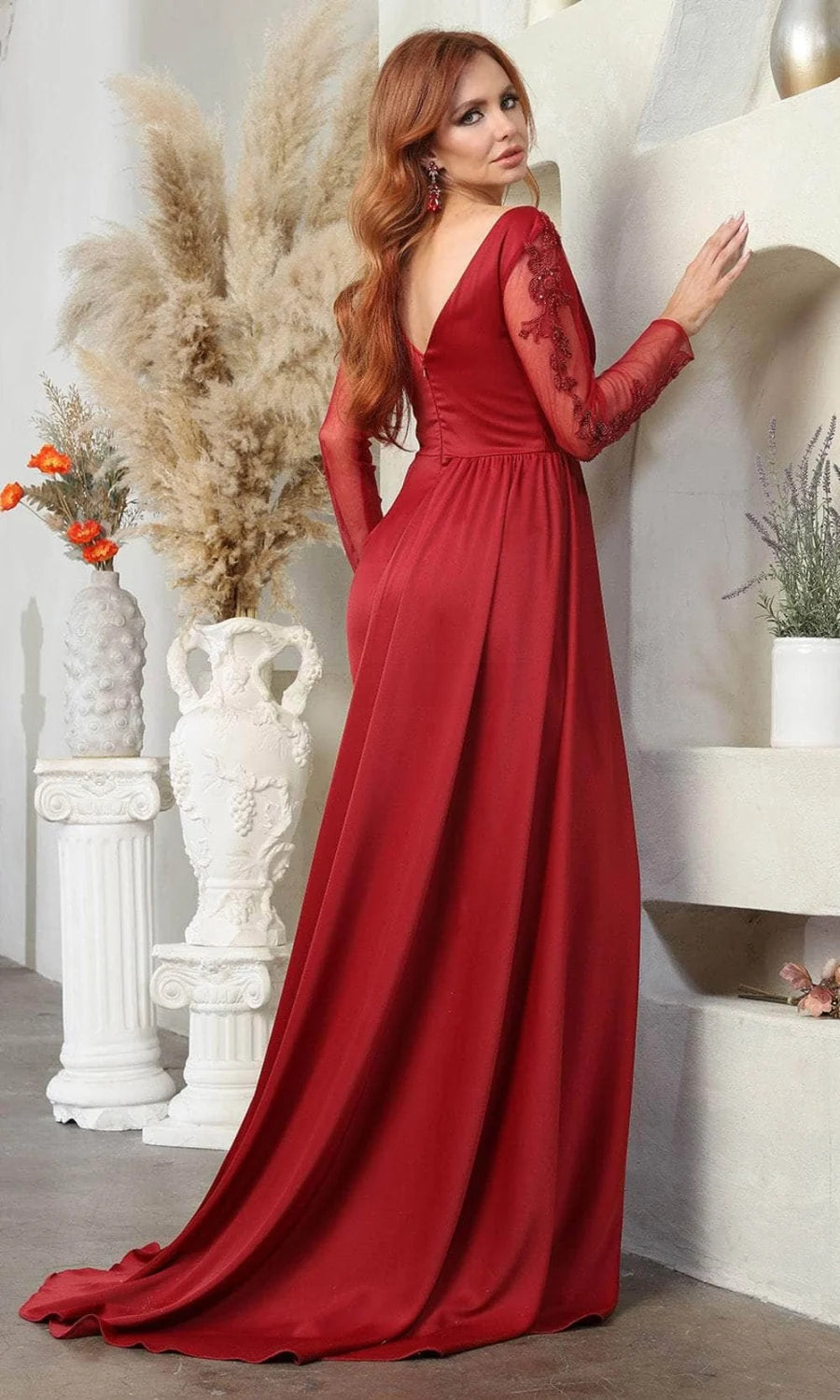 Applique Long Sleeve Slit Gown by May Queen MQ2008