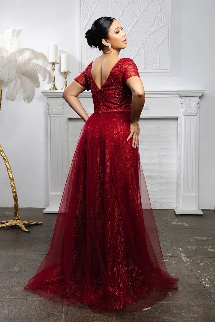 Glitter Short Sleeve A-line Gown by May Queen MQ2185