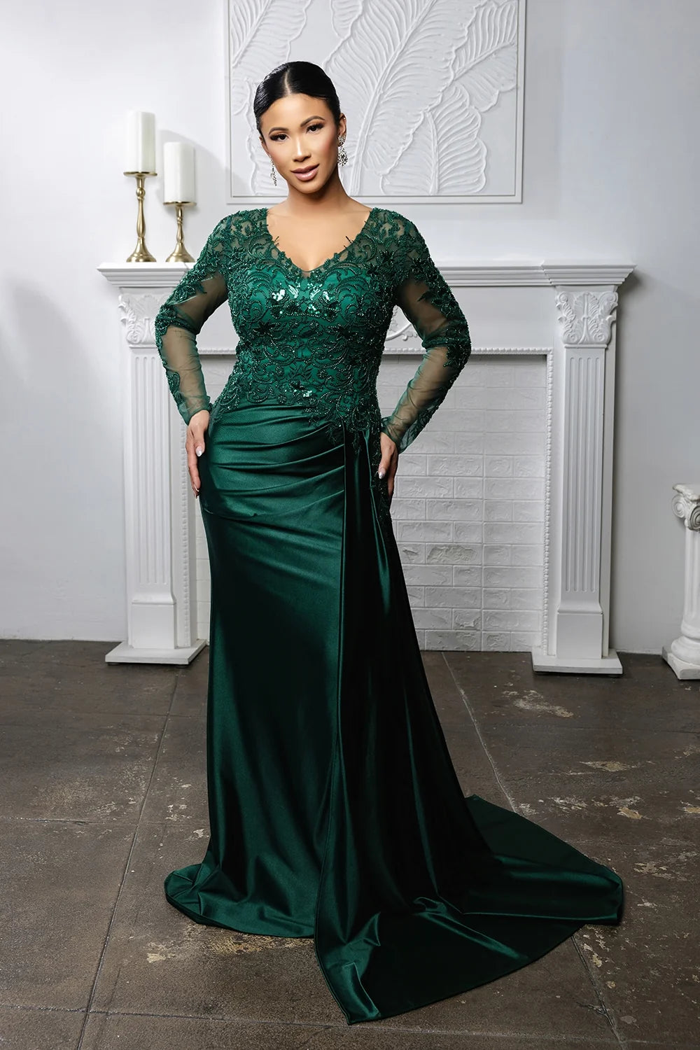 Applique Satin Long Sleeve Gown by May Queen MQ2172