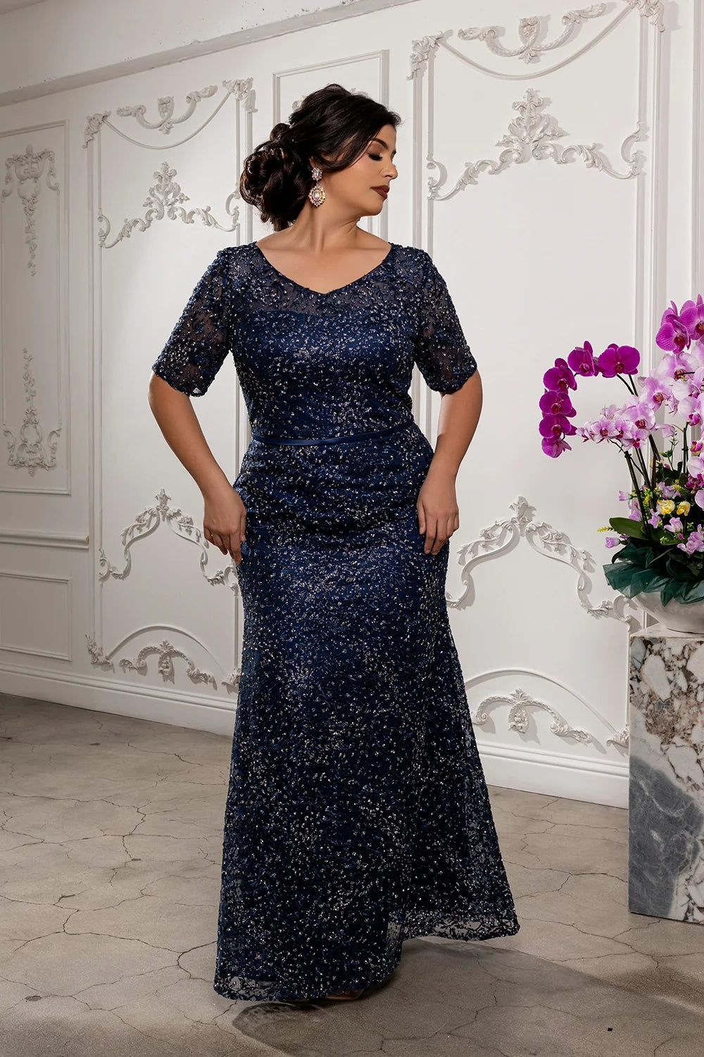 Applique Fitted Short Sleeve Gown by May Queen RQ8246