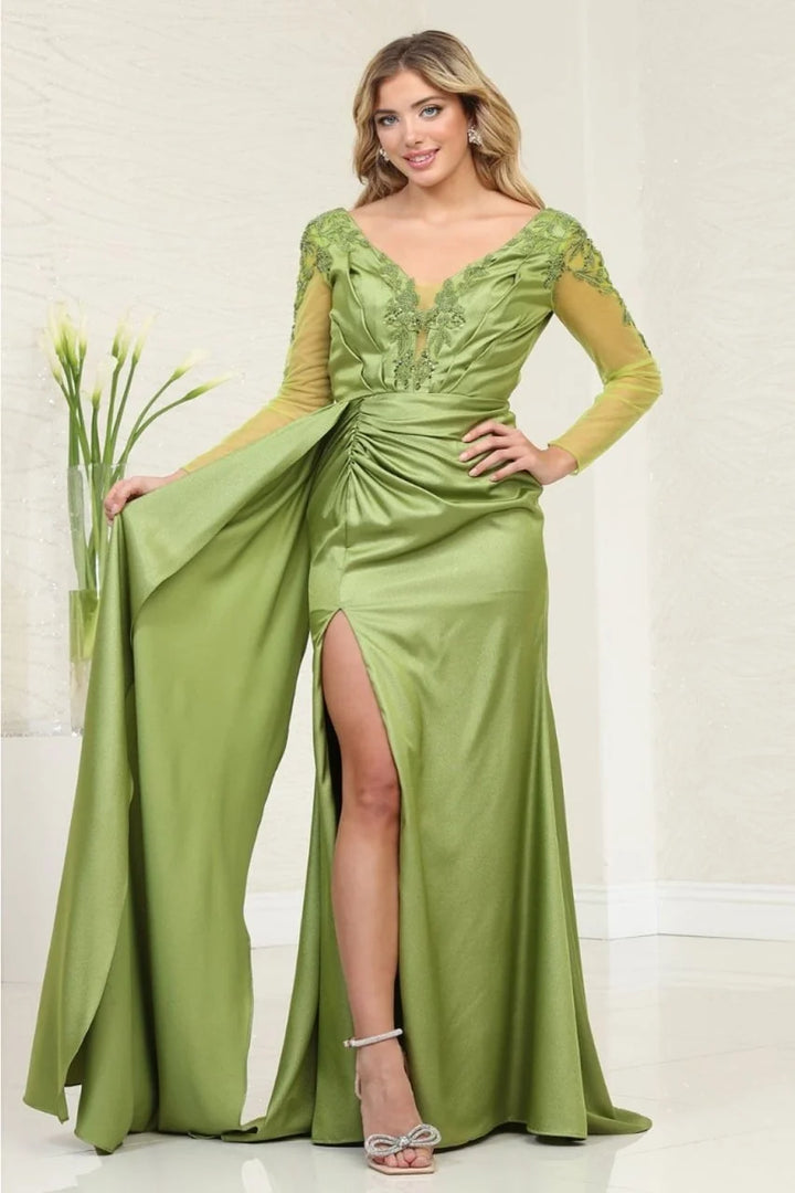 Beaded Satin Long Sleeve Slit Gown by May Queen RQ8045