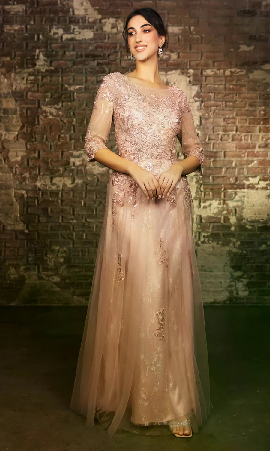 Applique Mid-Sleeve A-line Gown by May Queen MQ2143