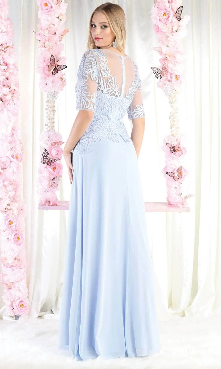 Applique Mid-Sleeve A-line Gown by May Queen MQ1979