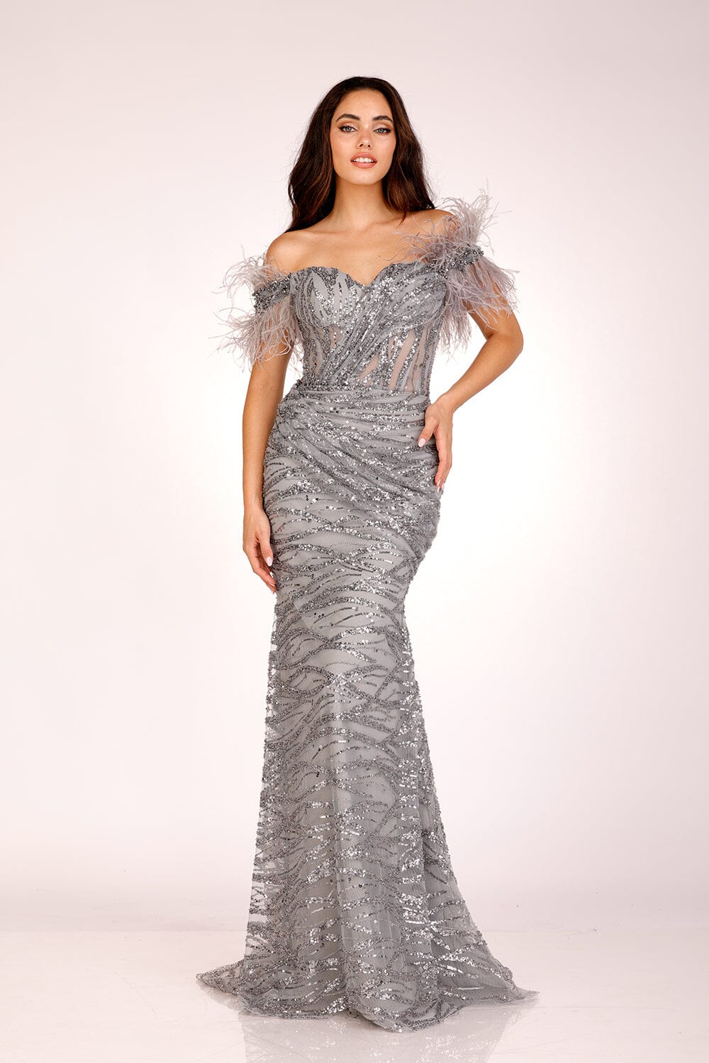 Lucci Lu C8040 Dress Feather Off Shoulder Mermaid Gown Platinum / 14 Lucci Lu C8040 Dress Feather Off Shoulder Mermaid Gown Platinum / 14