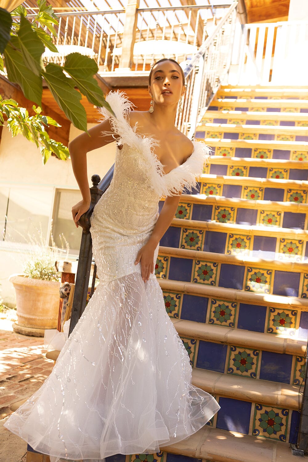 Feather Off Shoulder Mermaid Dress by Lucci Lu C8051