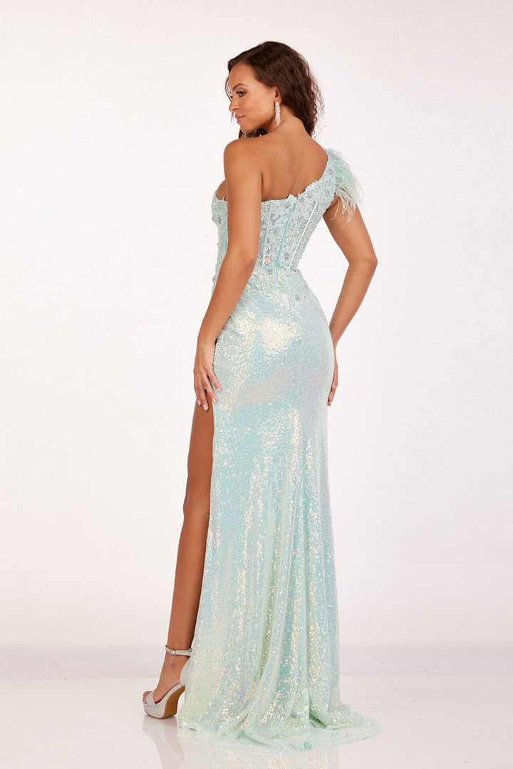 Feather One Shoulder Slit Gown by Abby Paris 90256