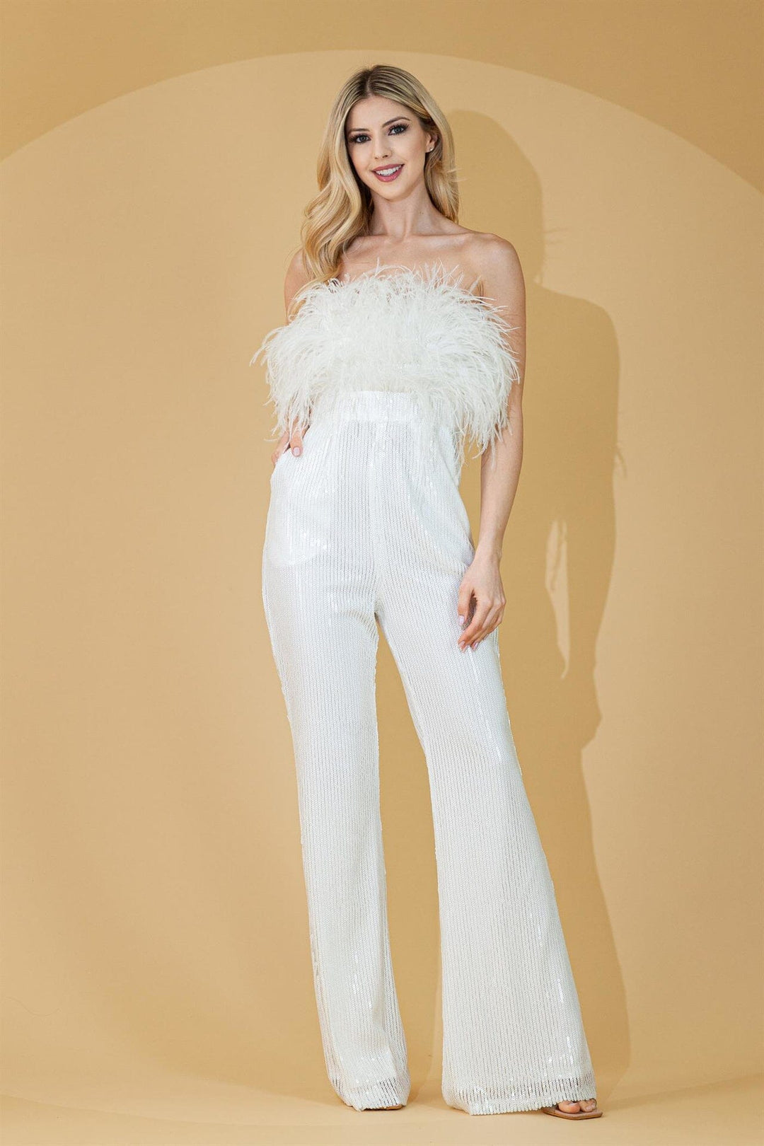 Feather Strapless Sequin Jumpsuit by Amelia Couture 3019