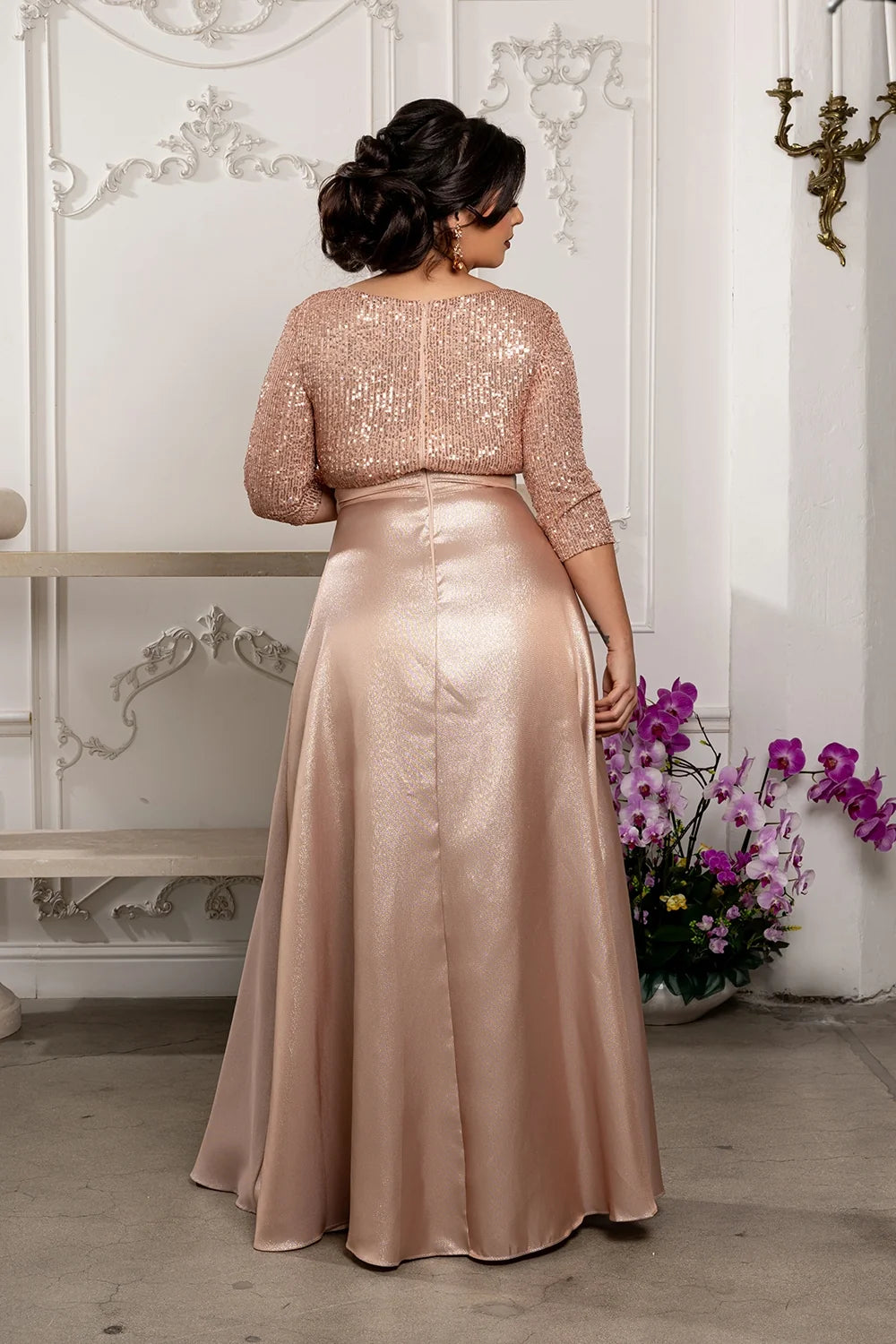 Sequin 3/4 Sleeve A-line Gown by May Queen MQ1852