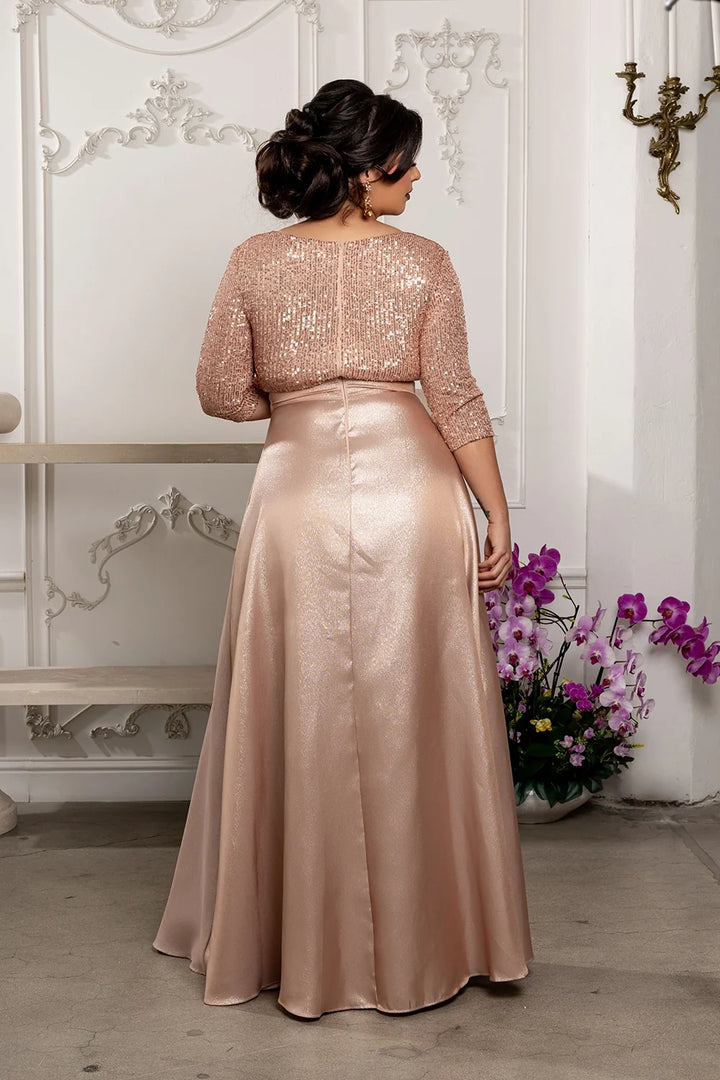 Sequin 3/4 Sleeve A-line Gown by May Queen MQ1852