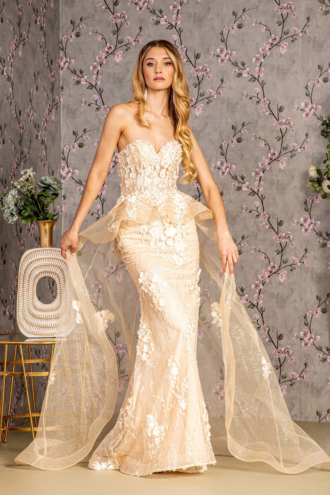 Fitted 3D Floral Strapless Overskirt Gown by GLS Gloria GL3257