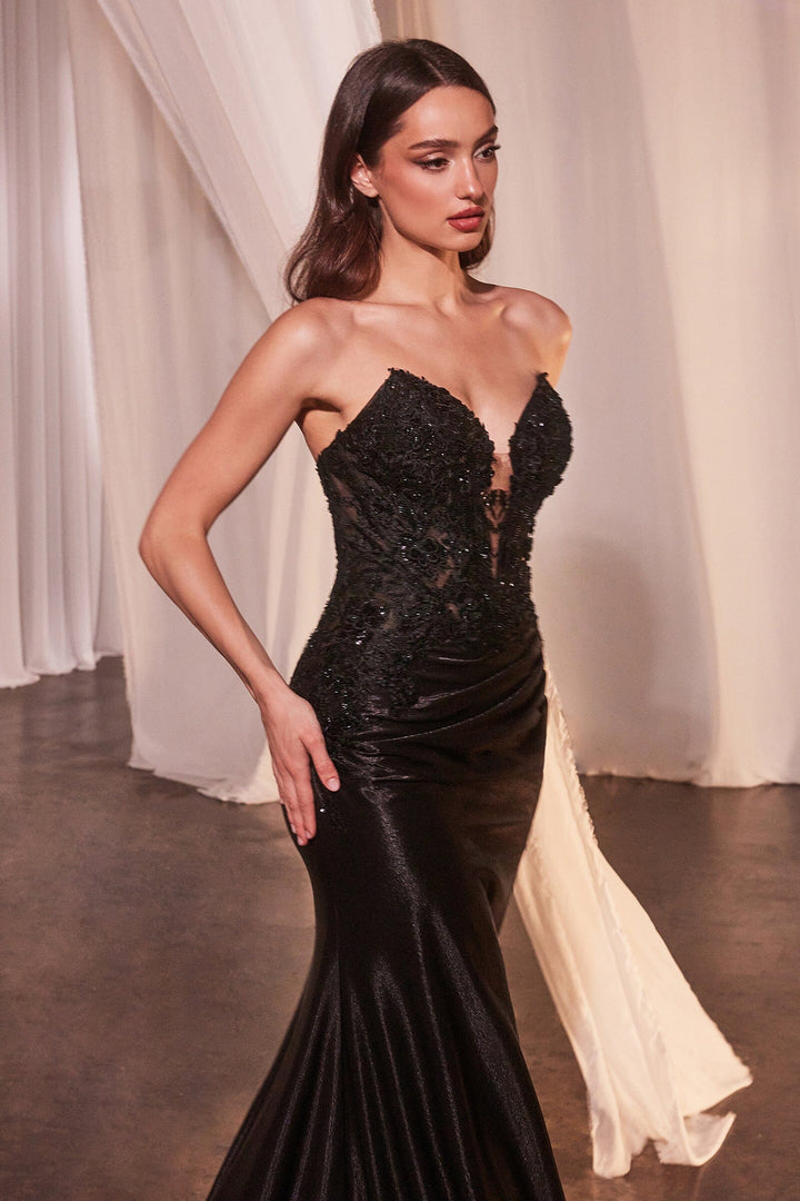 Fitted Applique Satin Strapless Slit Gown by Ladivine CDS465