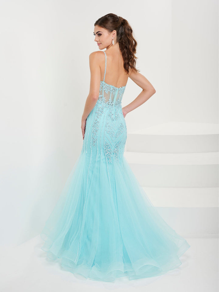 Fitted Applique Sheer Corset Gown by Tiffany Designs 16095