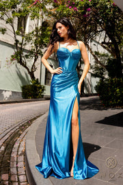 Fitted Beaded Bustier Satin Gown by Nox Anabel E1044