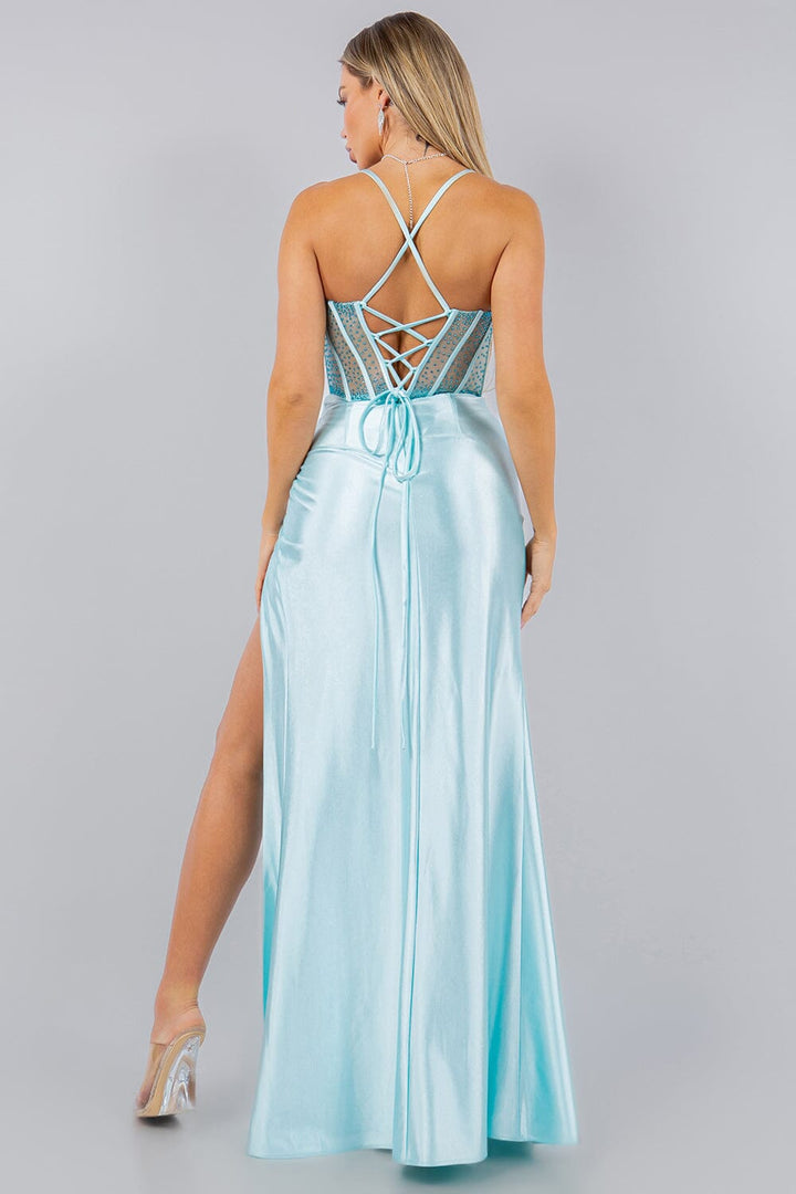 Fitted Beaded Cowl Corset Slit Gown by Cinderella Couture 8116J
