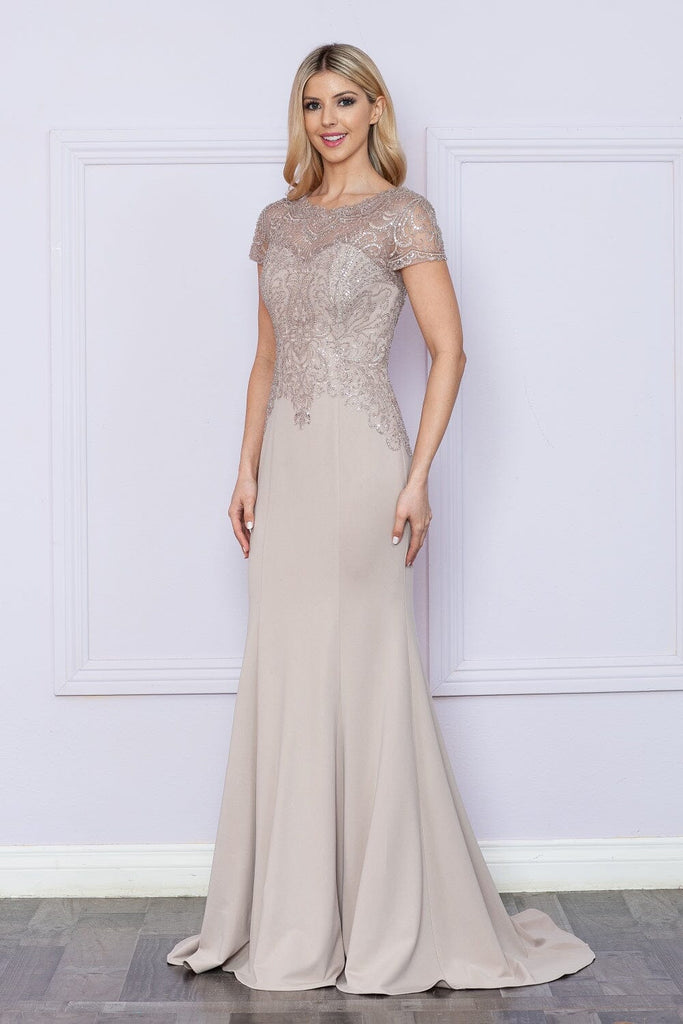 Poly USA 9320 Fitted Beaded Sheer Short Sleeve Gown