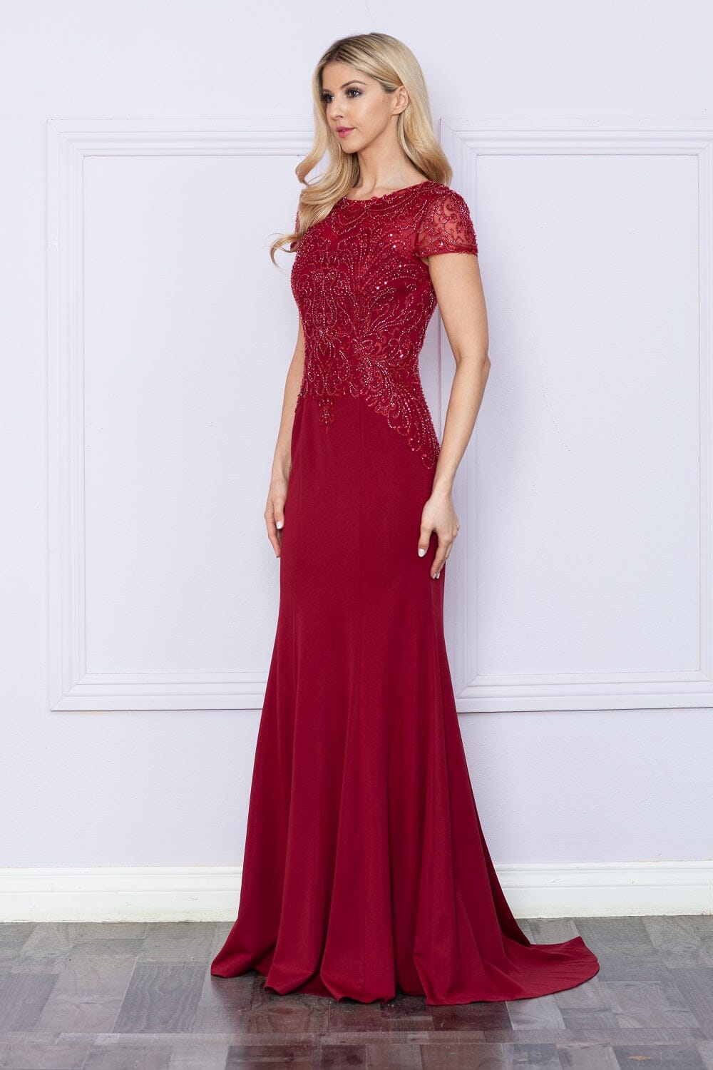 Fitted Beaded Sheer Short Sleeve Gown by Poly USA 9320 ABC Fashion Fitted Beaded Sheer Short Sleeve Gown by Poly USA 9320 ABC Fashion