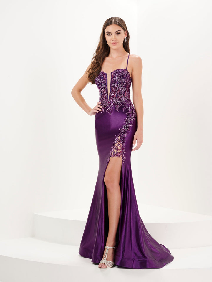 Fitted Beaded Spandex Slit Gown by Tiffany Designs 16086