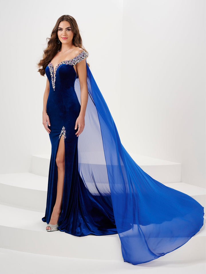 Fitted Beaded Velvet Off Shoulder Shawl Gown by Panoply 14195