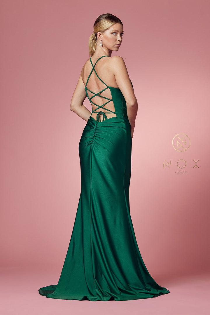 Fitted Cowl Neck Lace-Up Back Gown by Nox Anabel E1007 - Outlet