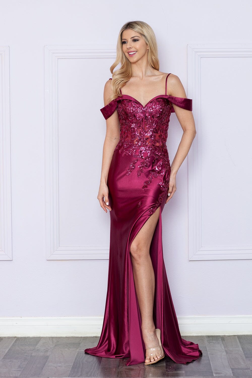 Poly USA 9350 Fitted Embroidered Cold Shoulder Slit Gown | FormalDressShops Cherry Red / L Poly USA 9350 Fitted Embroidered Cold Shoulder Slit Gown | FormalDressShops Cherry Red / L