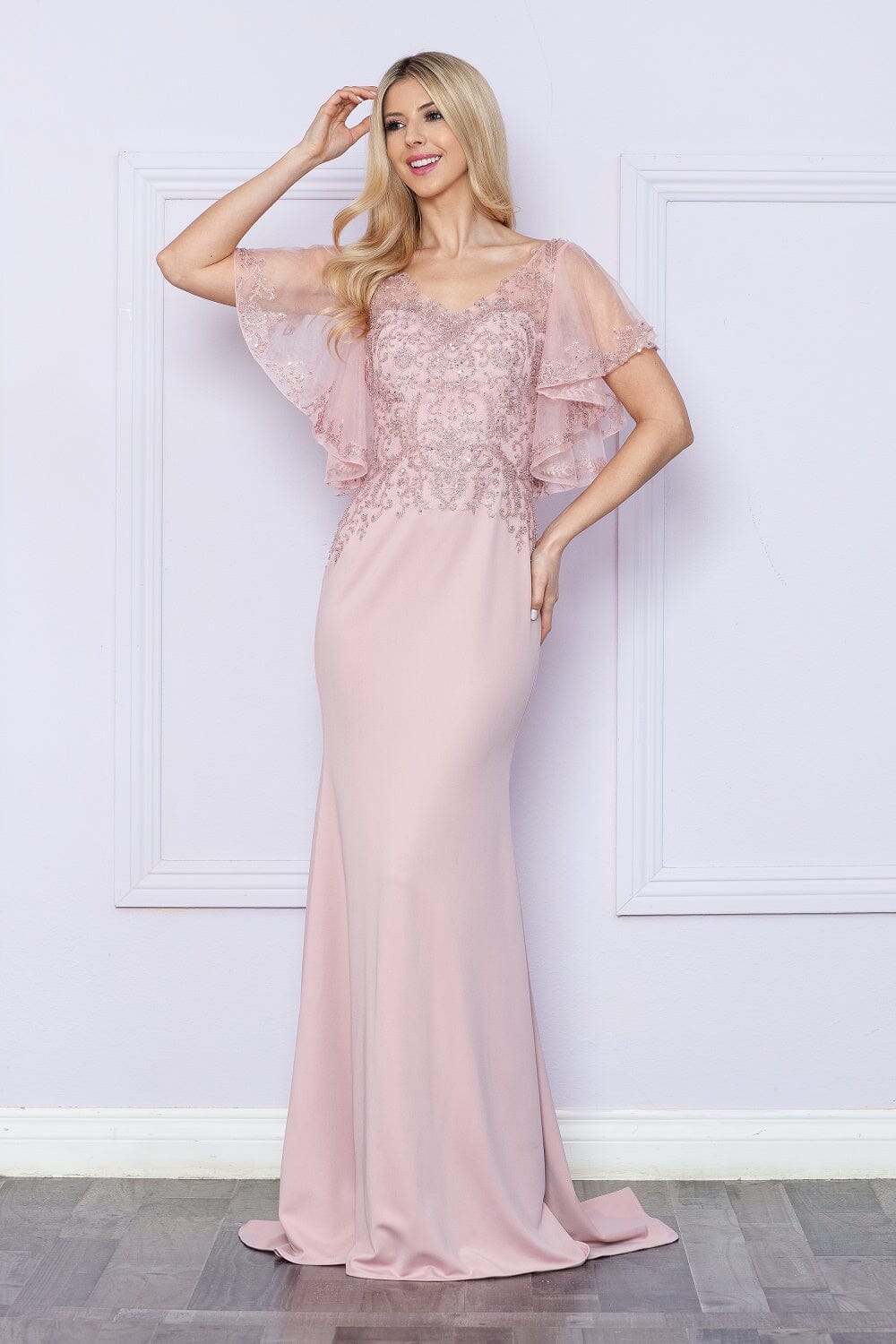 Poly USA 9318 Fitted Embroidered Short Sleeve Gown | FormalDressShops Mauve / L Poly USA 9318 Fitted Embroidered Short Sleeve Gown | FormalDressShops Mauve / L