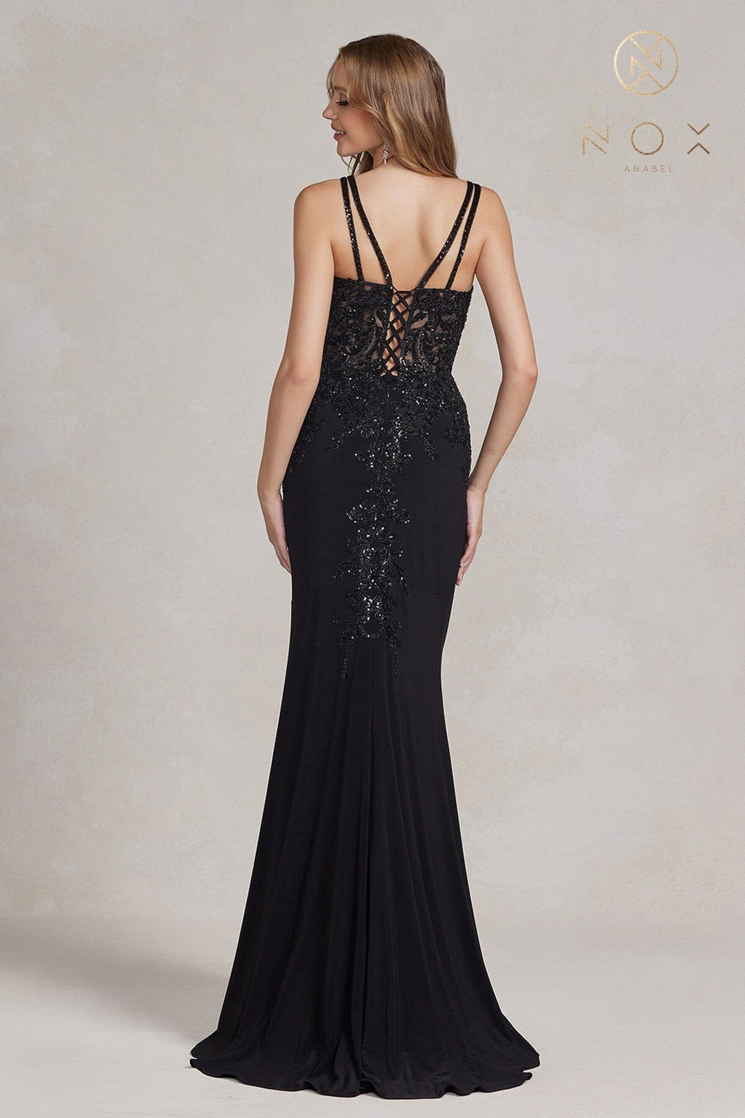 Fitted Embroidered V-Neck Gown by Nox Anabel H1090 - Outlet