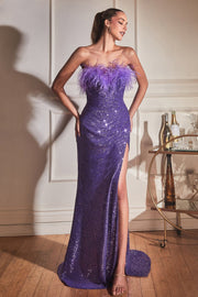Fitted Feather Sequin Gown by Cinderella Divine CH147