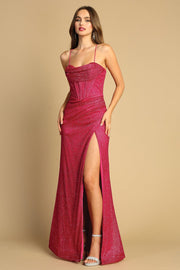 Fitted Glitter Cowl Corset Slit Gown by Adora 3169