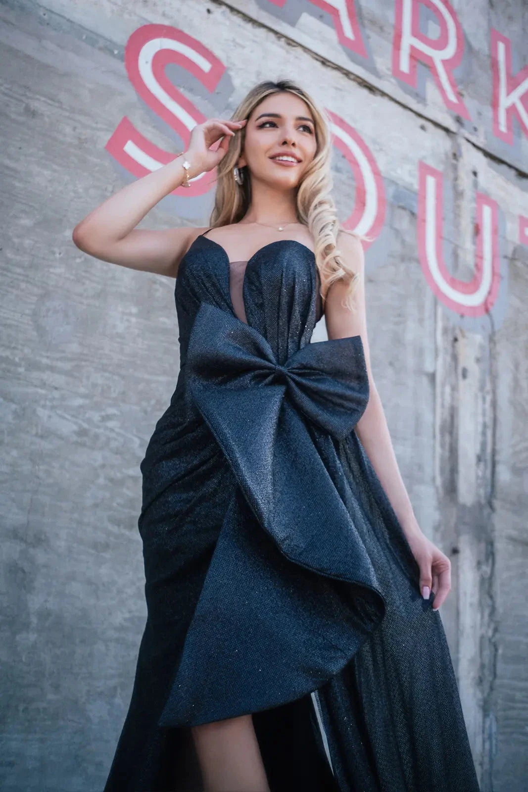 Fitted Glitter One Shoulder Bow Slit Gown by GLS Gloria GL3272 2XL / Black Fitted Glitter One Shoulder Bow Slit Gown by GLS Gloria GL3272 2XL / Black