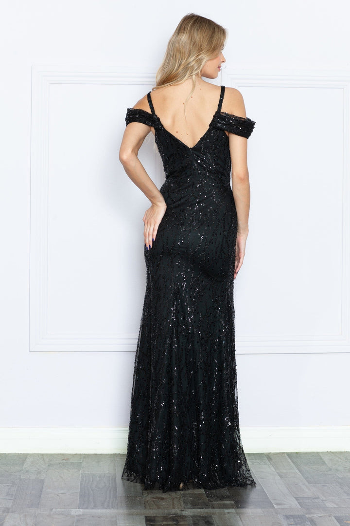 Fitted Glitter Print Cold Shoulder Slit Gown by Poly USA 9384
