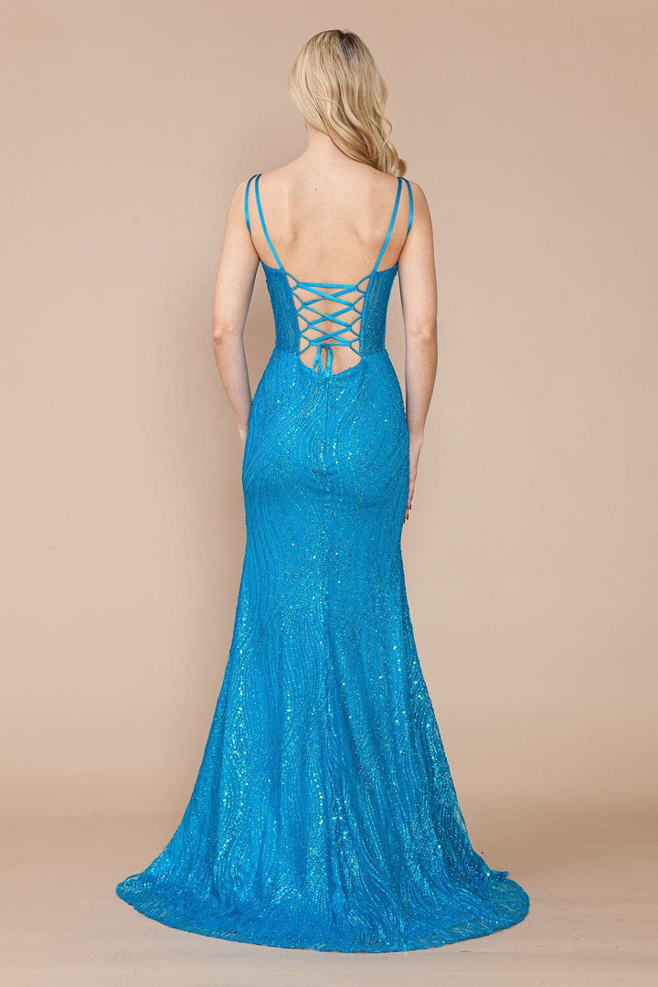 Fitted Glitter Print Sheer Corset Slit Gown by Poly USA 9400