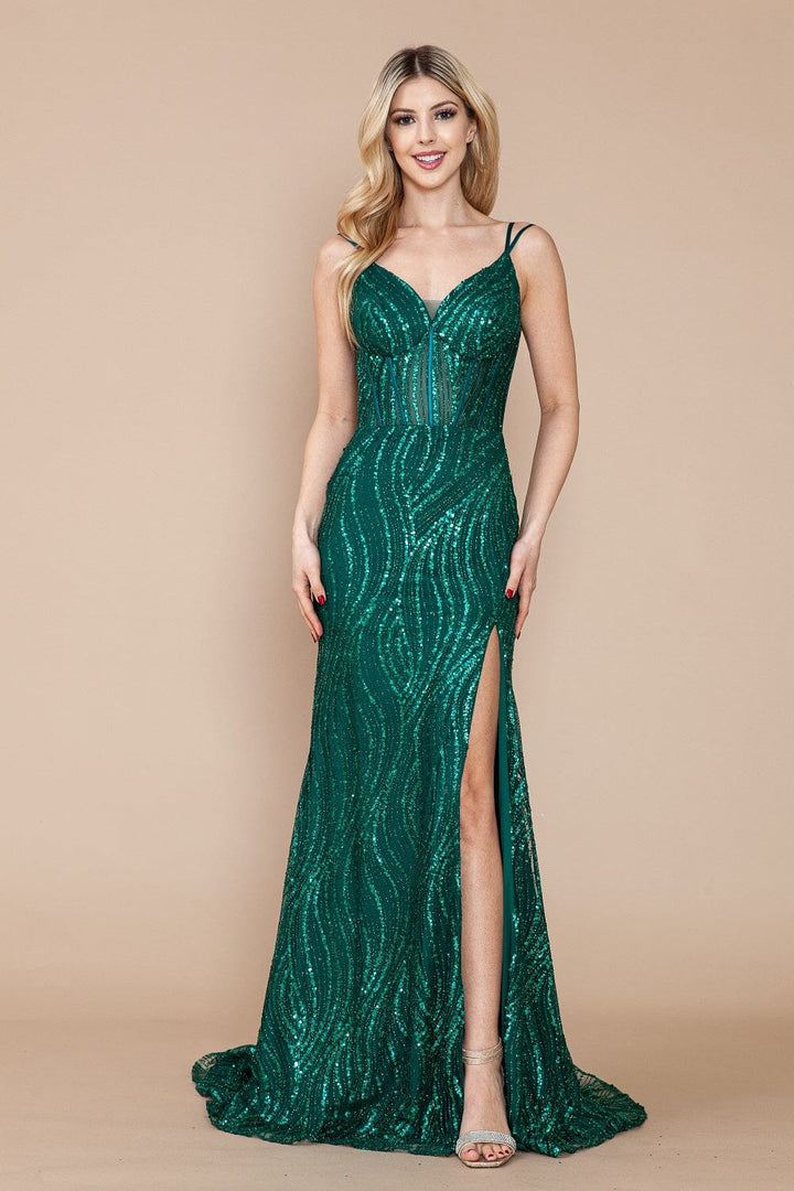 Fitted Glitter Print Sheer Corset Slit Gown by Poly USA 9400