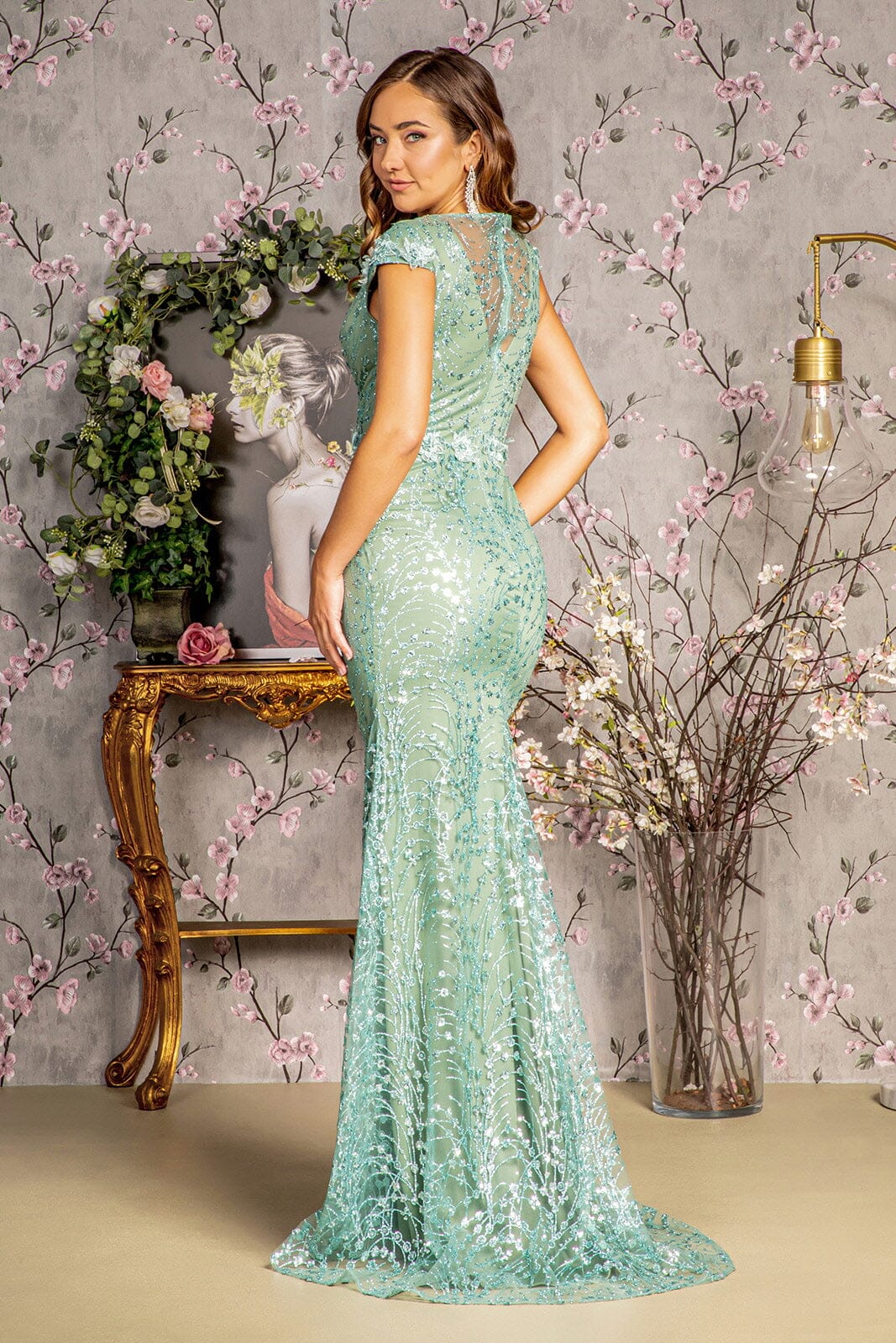 Fitted Glitter Print Short Sleeve Gown by GLS Gloria GL3414 3XL / Navy Fitted Glitter Print Short Sleeve Gown by GLS Gloria GL3414 3XL / Navy