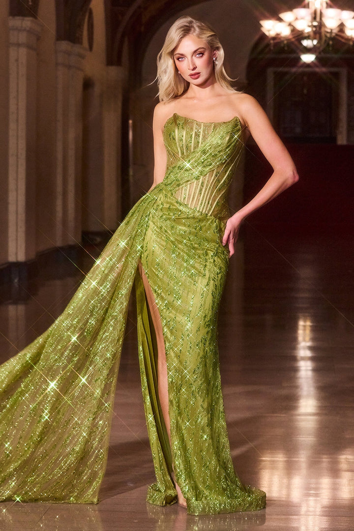 Fitted Glitter Print Strapless Slit Gown by Ladivine J872
