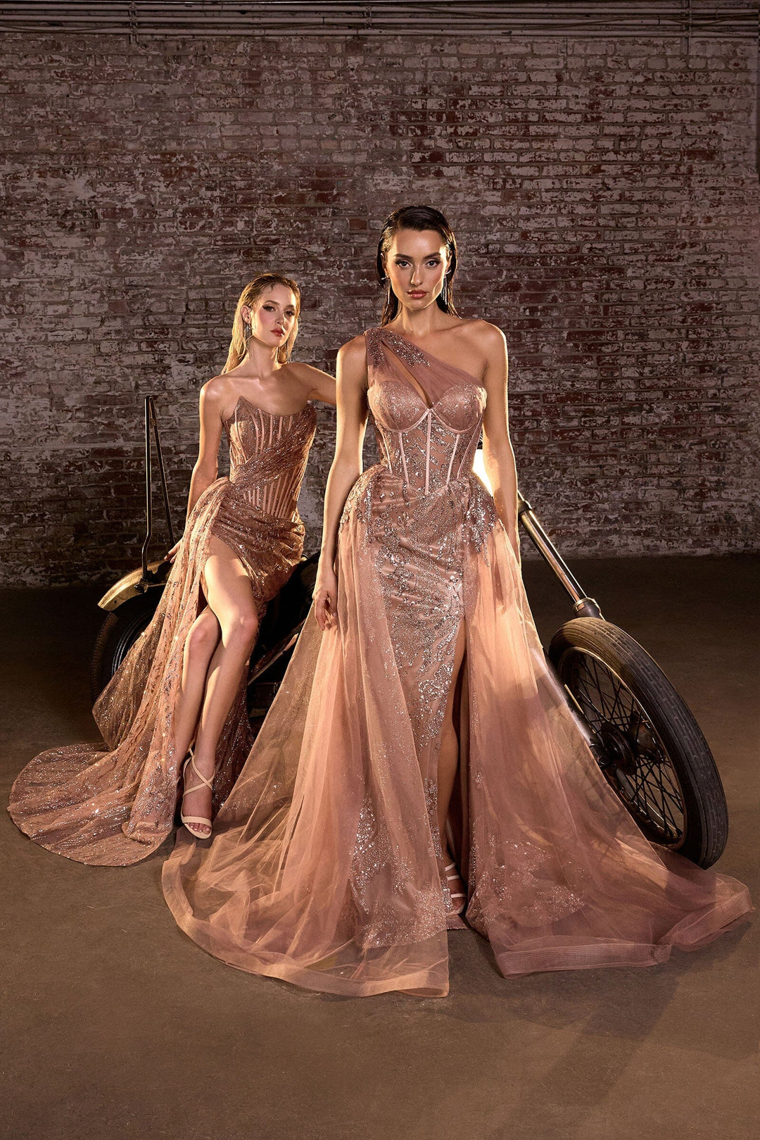 Fitted Glitter Print Strapless Slit Gown by Ladivine J872