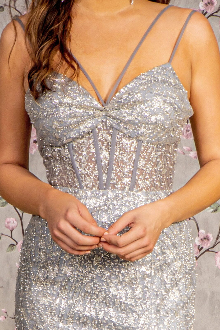 Fitted Glitter Sleeveless Overskirt Slit Gown by GLS Gloria GL3273