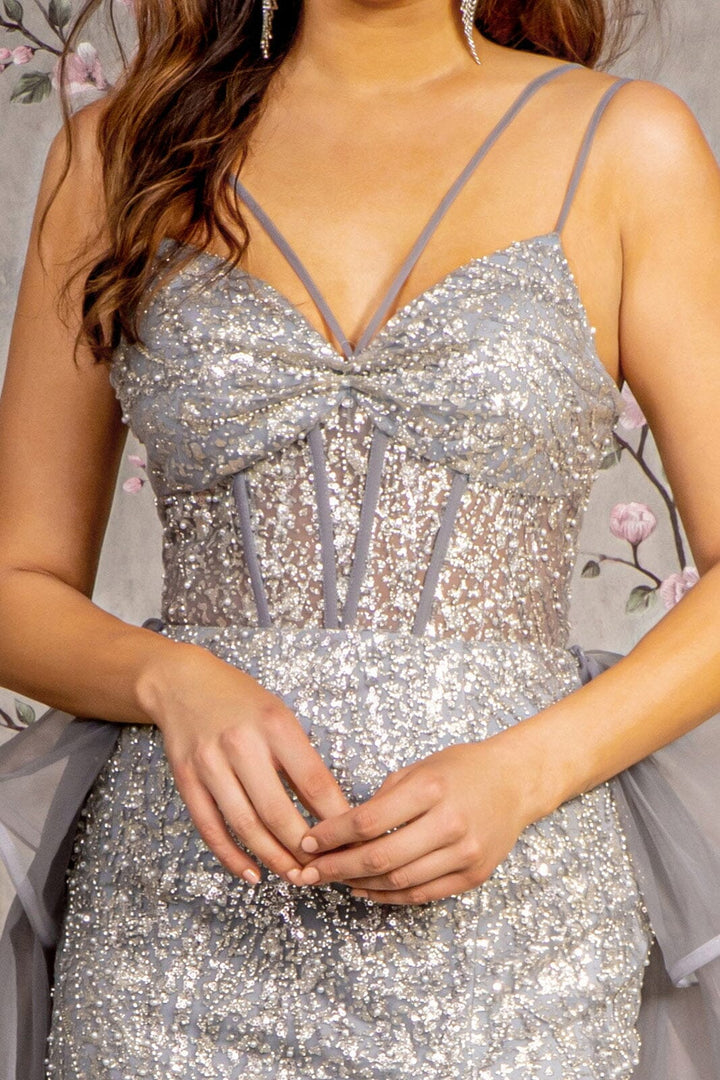 Fitted Glitter Sleeveless Overskirt Slit Gown by GLS Gloria GL3273