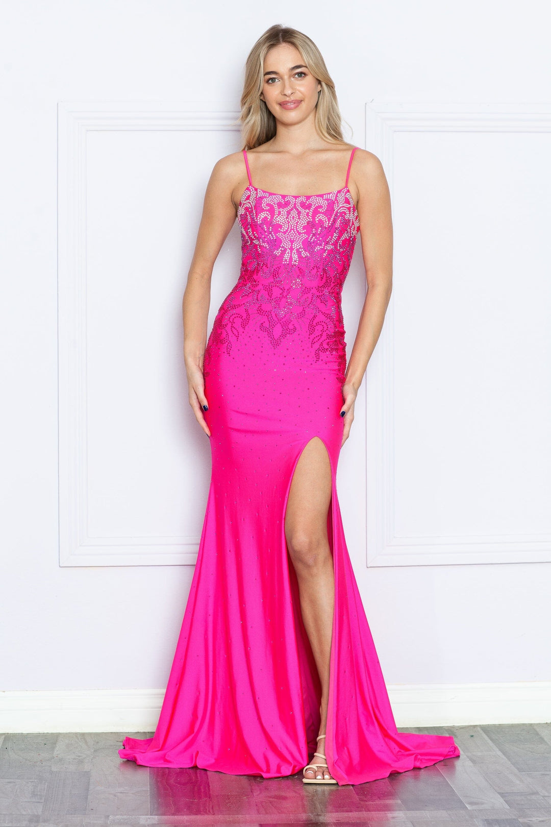 Fitted Heat Stone Sleeveless Slit Gown by Poly USA 9264