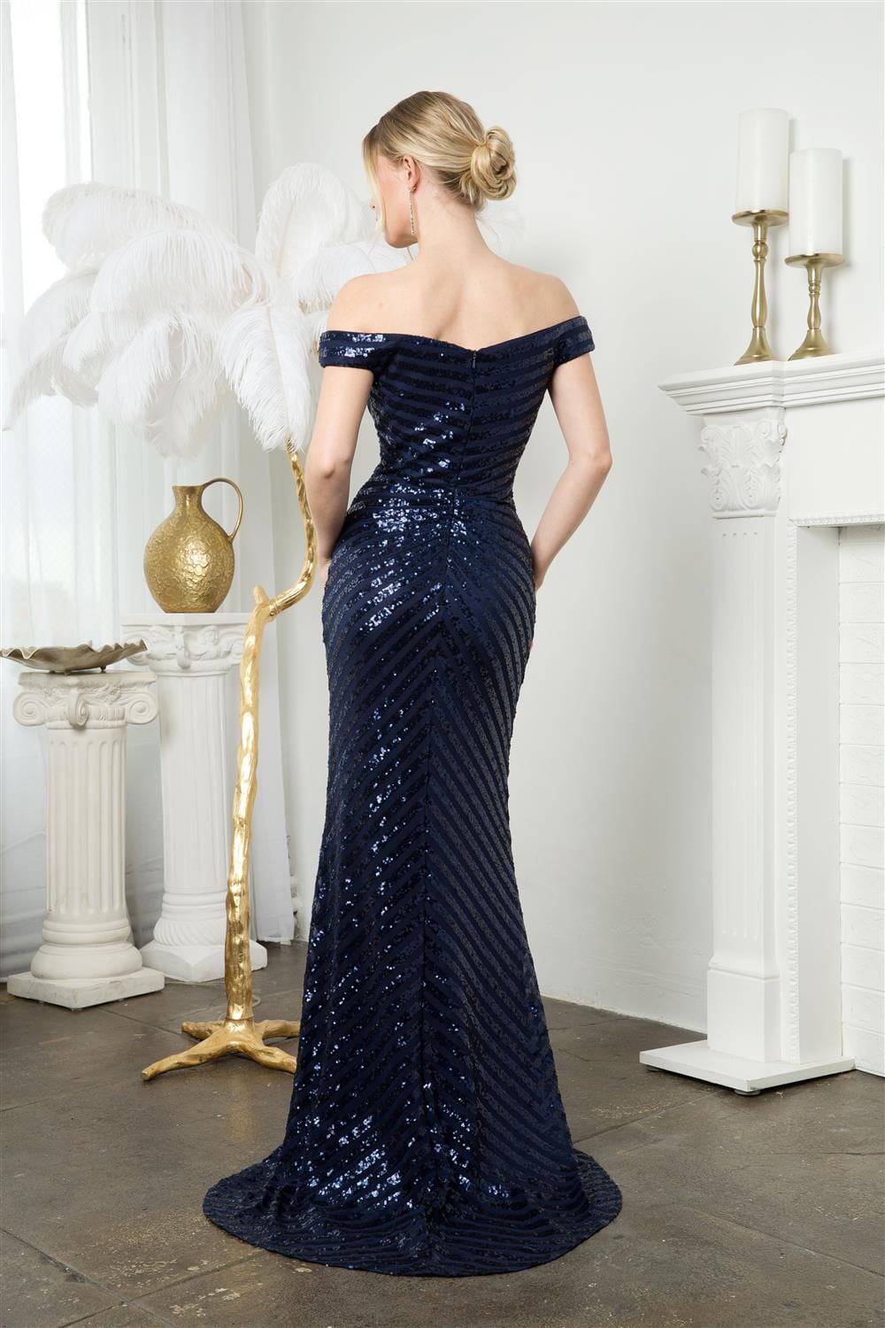 Fitted Linear Sequin Off Shoulder Slit Gown by Juno M1005 – ABC