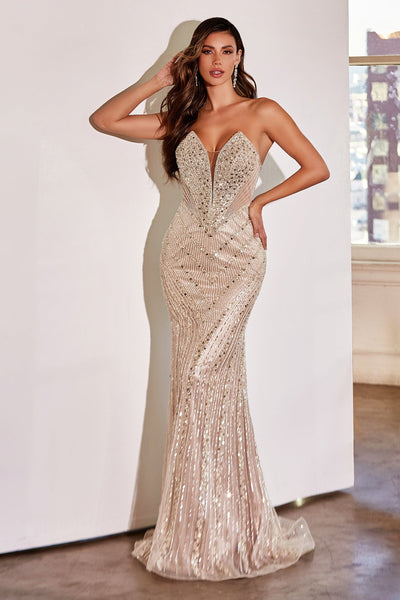 Fitted Long Beaded Strapless Dress by Ladivine CD0216