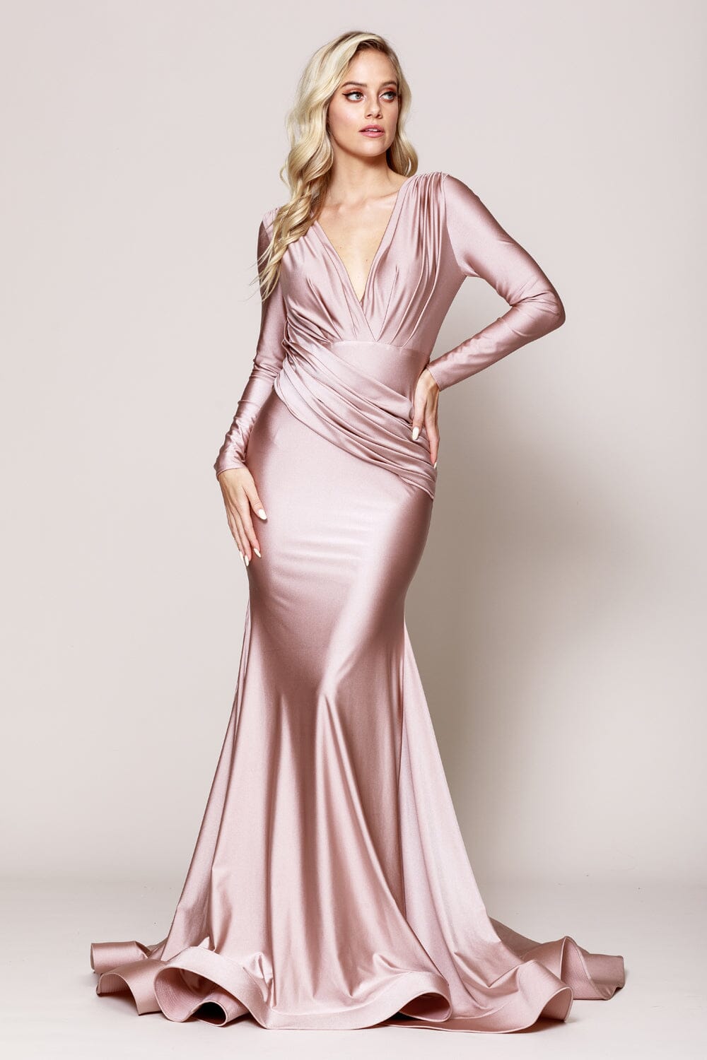 Fitted Long Sleeve Lycra Gown by Amelia Couture 381 - Outlet