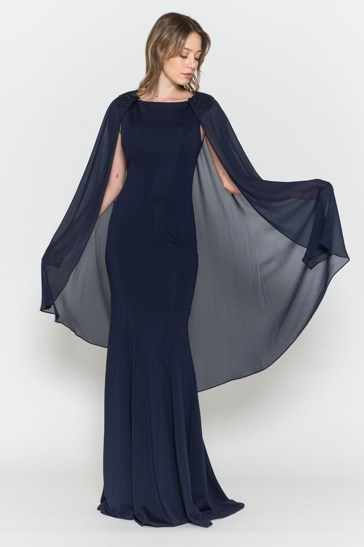 Fitted Long Sleeveless Cape Dress 8566