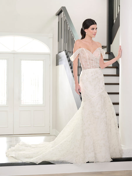 adrianna papell off the shoulder lace dress Ivory Off The Shoulder Pearl Trimmed Lace Gown