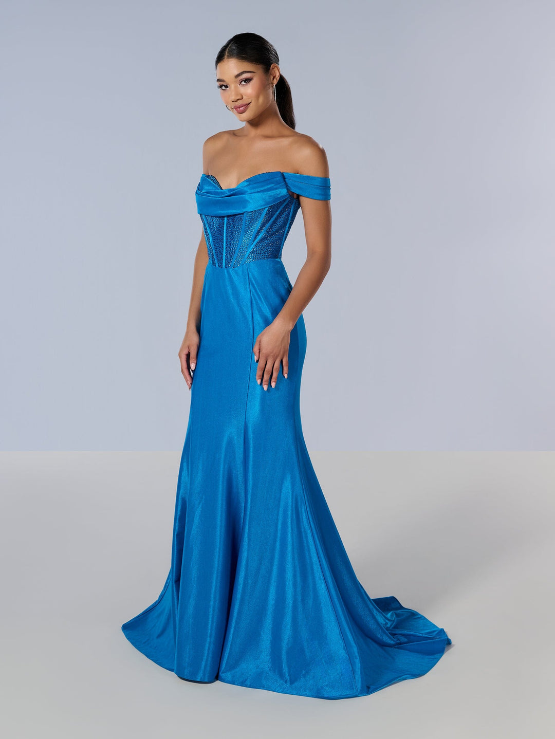 Fitted Off Shoulder Corset Gown by Tiffany Designs 16193