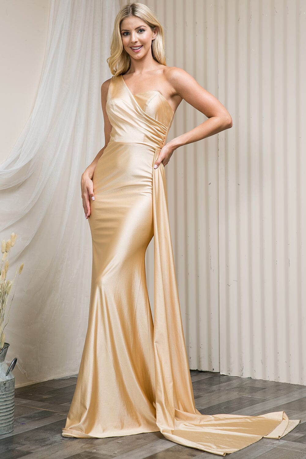 Fitted One Shoulder Lycra Gown by Amelia Couture 387 16 / Champagne Fitted One Shoulder Lycra Gown by Amelia Couture 387 16 / Champagne