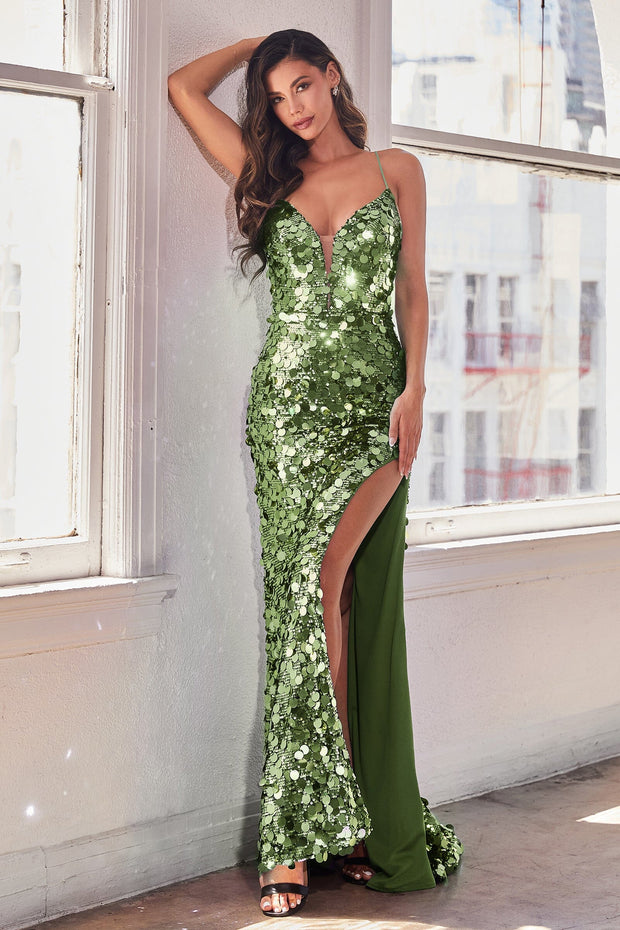 Fitted Paillette Sequin Slit Gown by Ladivine B1141